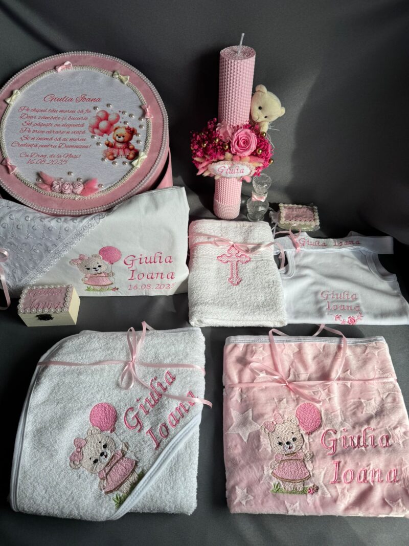Set Trusou Botez Personalizat Ursulet Roz Fagure