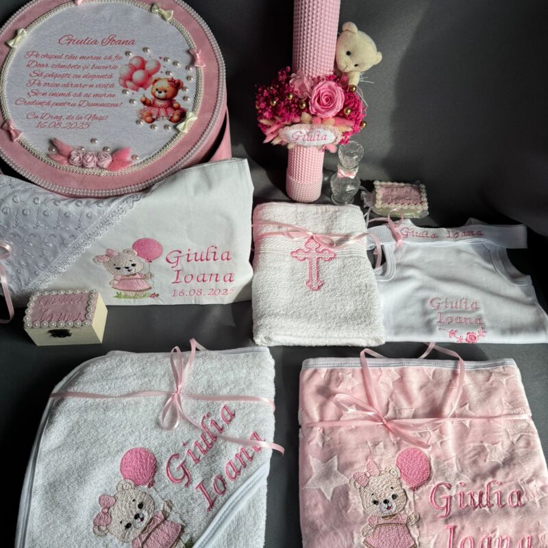 Set Trusou Botez Personalizat Ursulet Roz Fagure