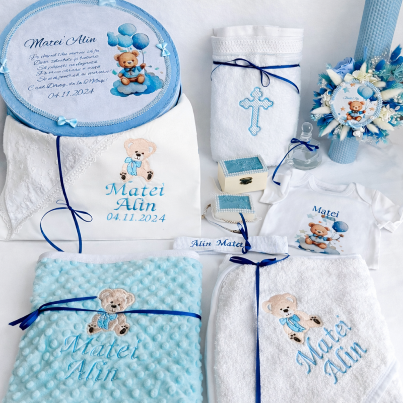 Set Trusou Botez Personalizat Ursuleț Albastru