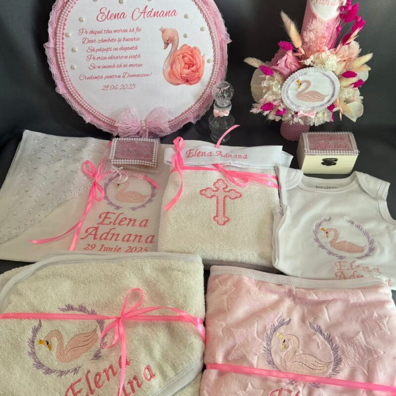 Set Trusou Botez Personalizat Lebada Roz