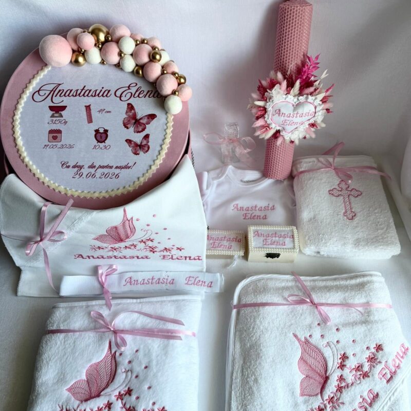 Set Trusou Botez Personalizat Fluture Roz