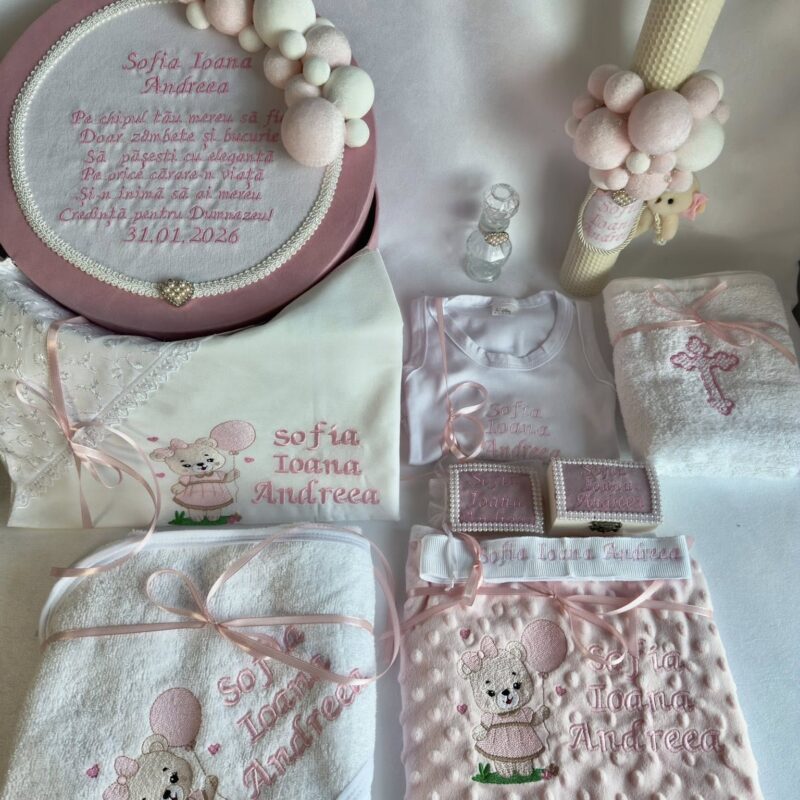 Set Trusou Botez Personalizat Ursulină Roz Pal