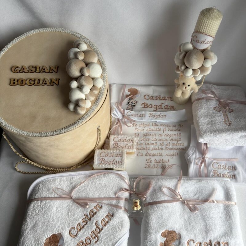 Set Trusou Botez Personalizat Ursulet Crem