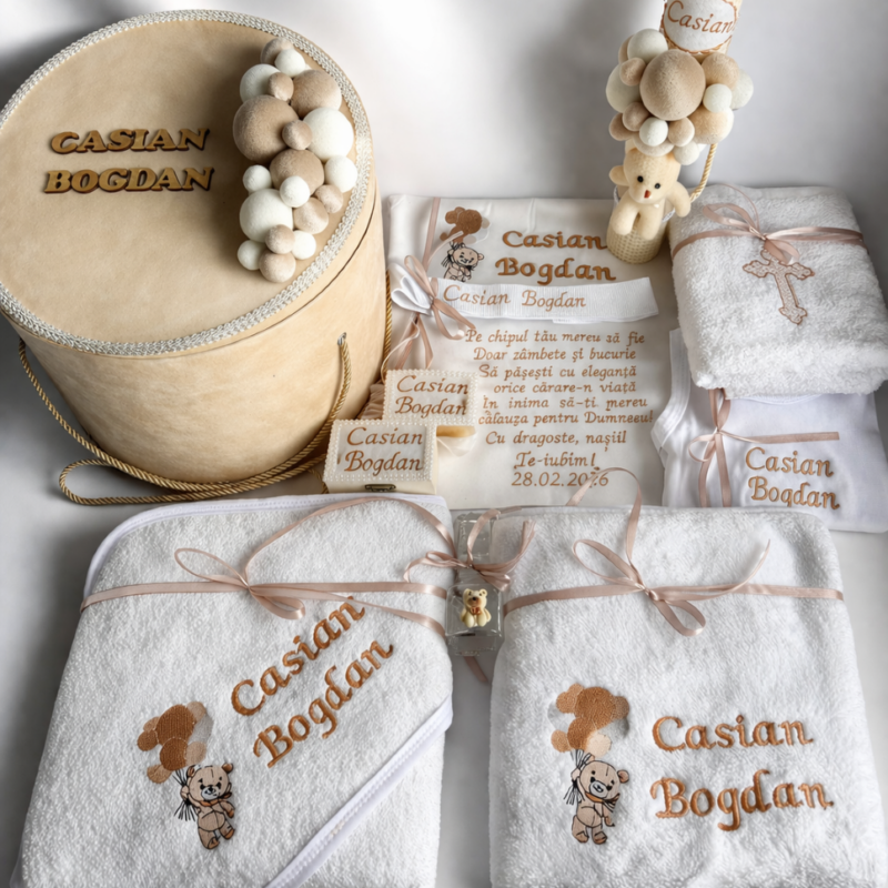 Set Trusou Botez Personalizat Ursulet Crem