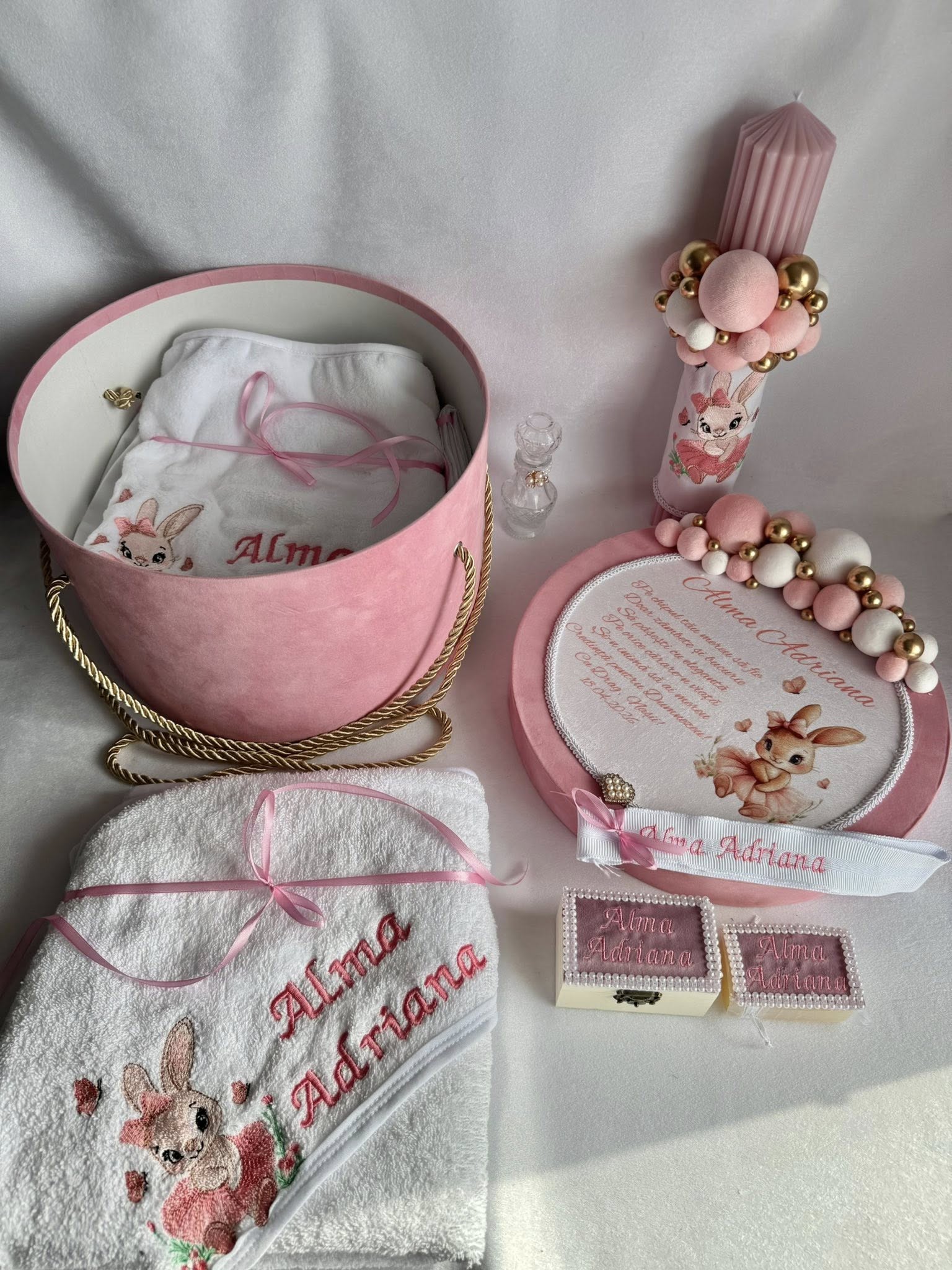 Set Trusou Botez Personalizat Iepure Roz