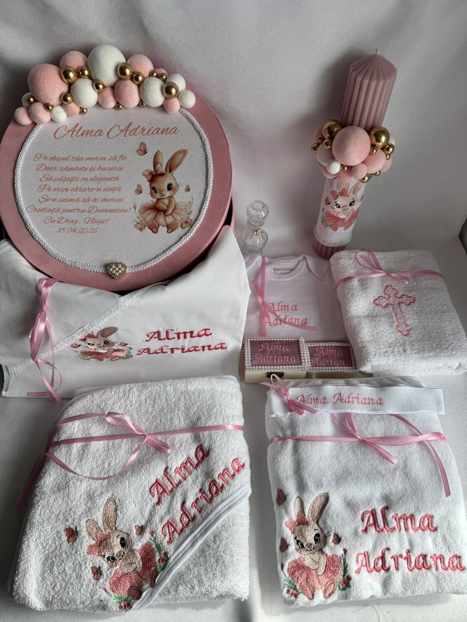 Set Trusou Botez Personalizat Iepure Roz