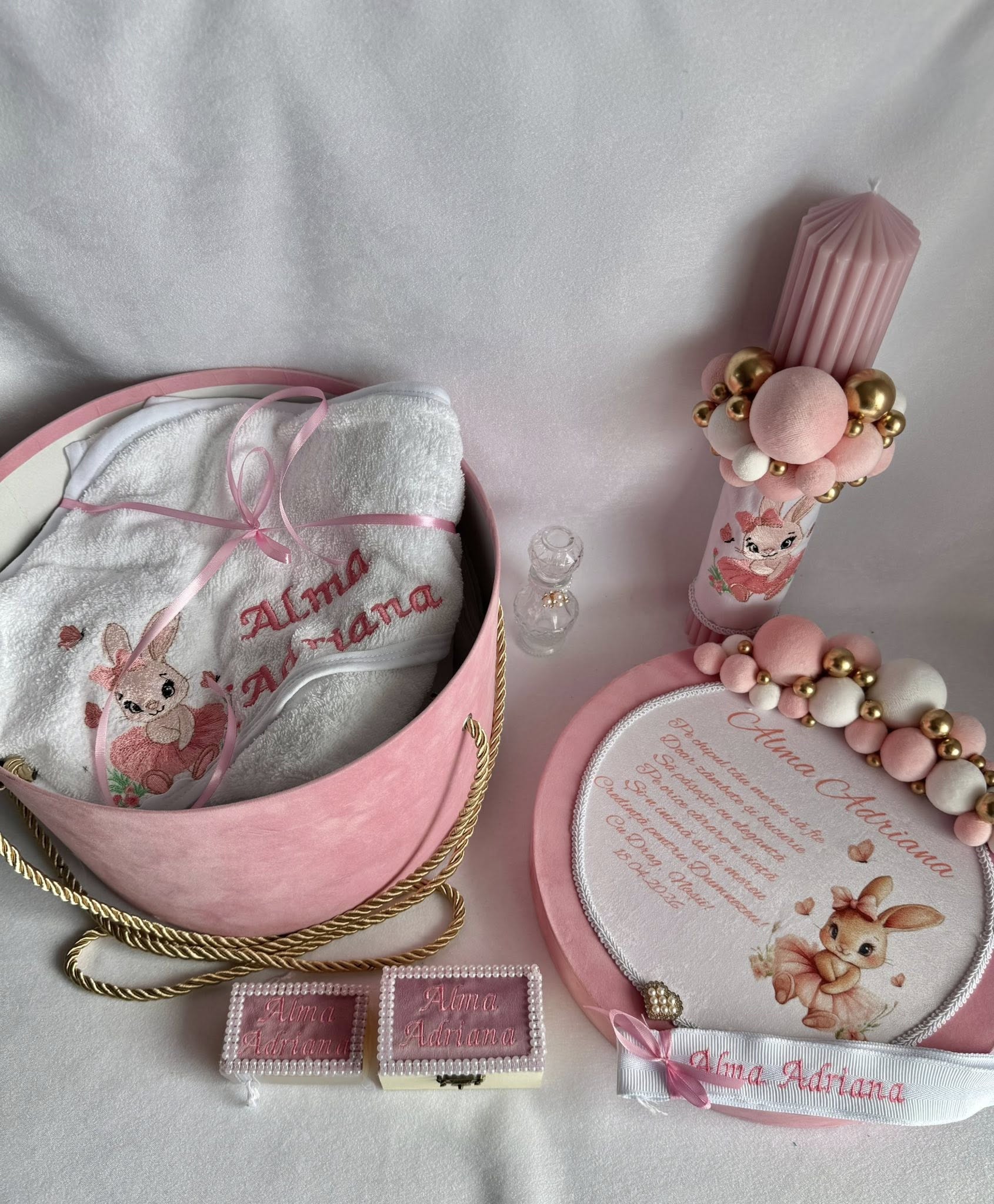 Set Trusou Botez Personalizat Iepure Roz