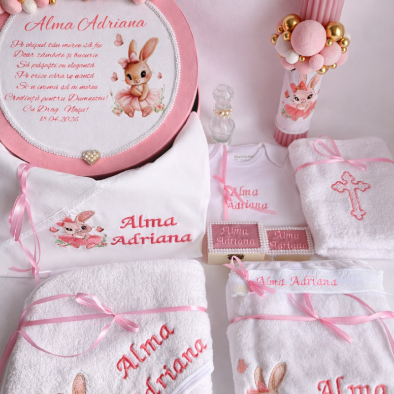 Set Trusou Botez Personalizat Iepure Roz
