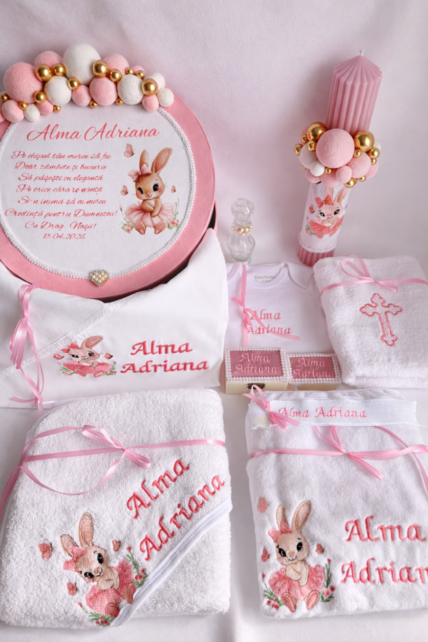 Set Trusou Botez Personalizat Iepure Roz