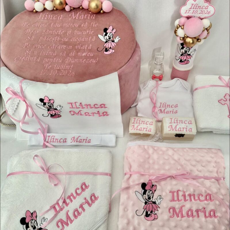 Set Trusou Botez Personalizat Minnie, Cufăr Buretat