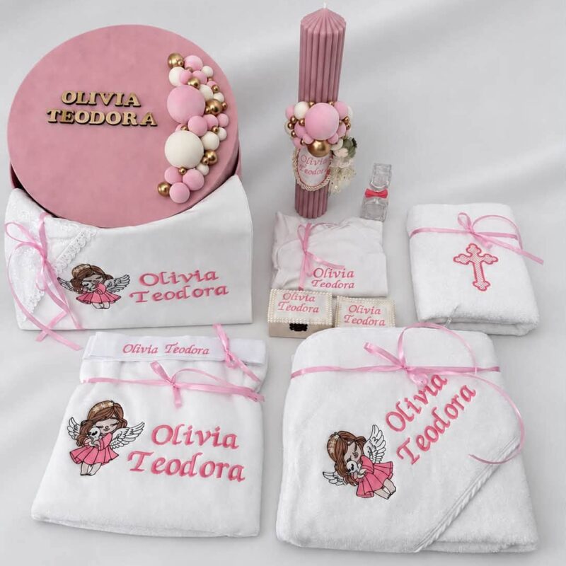 Set Trusou Botez Personalizat Inger Roz cu Rochița
